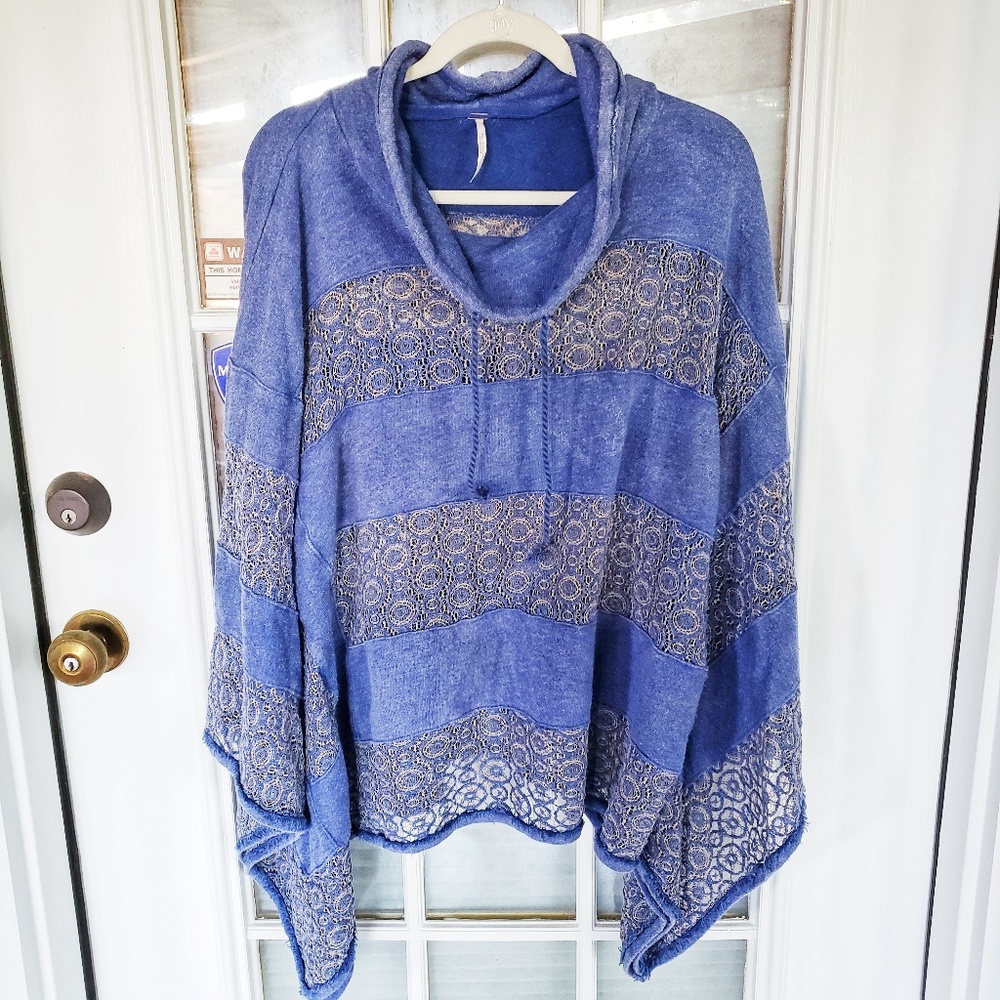 Free People Blue Sweater with Lace Panels